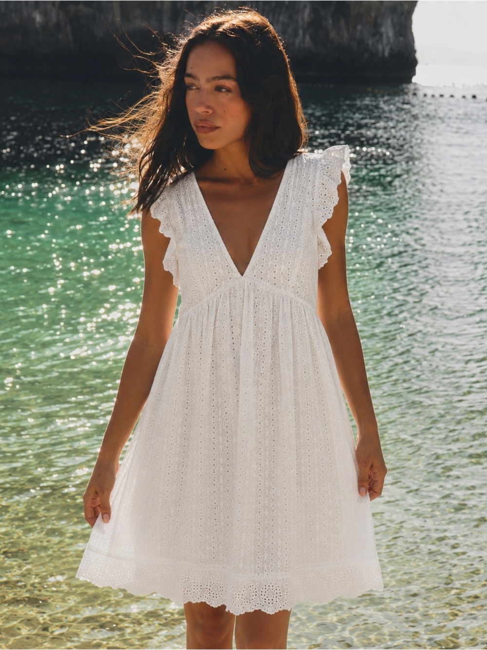 White Eyelet V-Neck Mini Dress with Ruffle Cap Sleeves